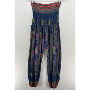 BOHEMIAN ISLAND Pants Womens S Smocked Waist Harem Lounge Trouser Gypsy Blue